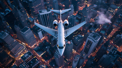 luxury white private jet plane flying above the skyscrapers at night