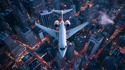 Selbstklebende Fototapeten luxury white private jet plane flying above the skyscrapers at night © Maizal