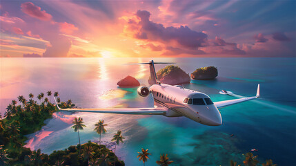 luxury private jet plane flying above the tropical island at sunset