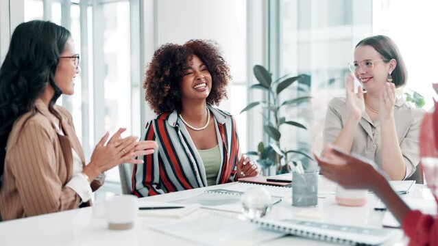 Business women, applause and fist bump in meeting for success, teamwork and congratulations with thank you. Professional group of people with HR announcement, news and clapping hands for celebration