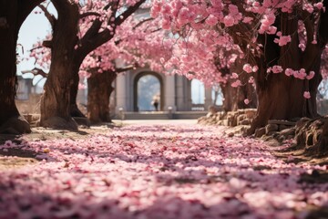 Person strolling on path surrounded by blooming cherry blossom trees