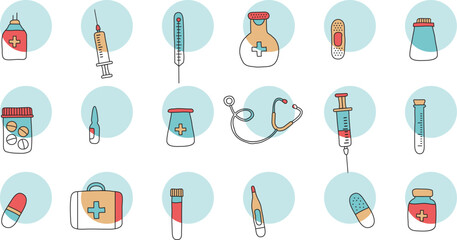 Medical outline vector icon, medicine doodle line set. Modern hand drawn first aid kit, syringe, stethoscope, vial, pills, vaccine on blue banner. Healthcare color illustration