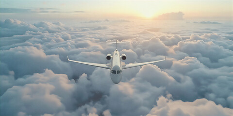 luxury private jet plane flying above sea of clouds at sunset