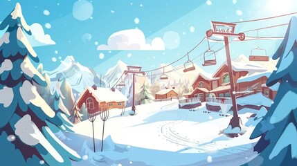 Ski resort with snowy hill, slope, hotels, ski lift. Winter mountain cartoon background.