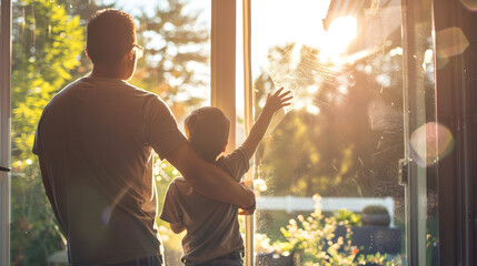 Fototapeta premium image of a father and his son collaborating to clean and polish the windows of their home. A man and a boy are standing in front of a window, looking out at the sun.