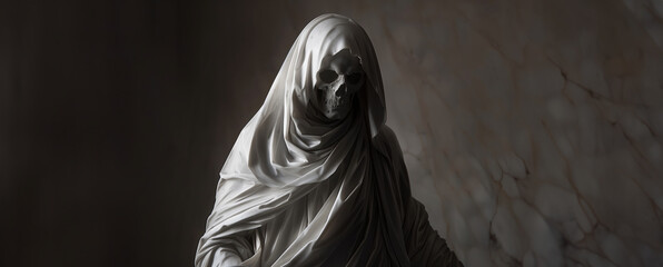 marble statue of the grim reaper in a church with copy space