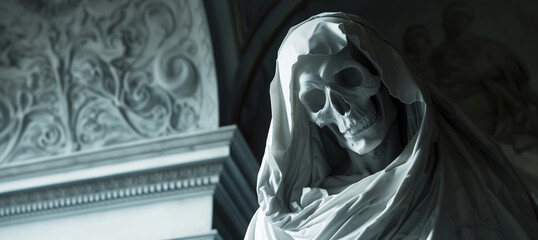 marble statue of the grim reaper in a church with copy space - obrazy, fototapety, plakaty