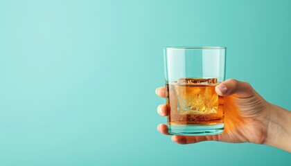 Side view of hand holding whisky glass on light pastel background with space for text