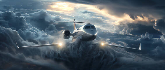 airplane private jet in the sky with dramatic storm clouds