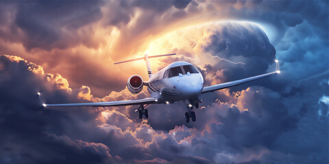 airplane private jet flying in the sky with dramatic storm clouds at sunset
