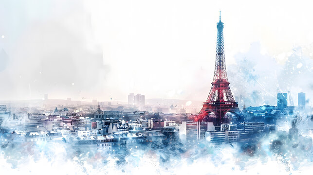 Images of Eiffel Tower and the city of Paris are symbols of France. Winter season, using alcohol ink, banner, Power Point presentation. on white background.