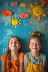 Two happy children in bright clothes on a colored wall with emoticons