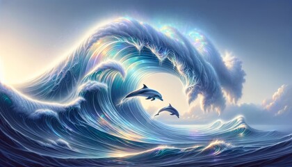 Graceful Aquatic Scene with Dolphins Riding Ocean Waves
