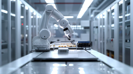 A minimalist image of a robot arm assembling a product, with details of the arm's precision, the product's complexity, and the clean room environment.