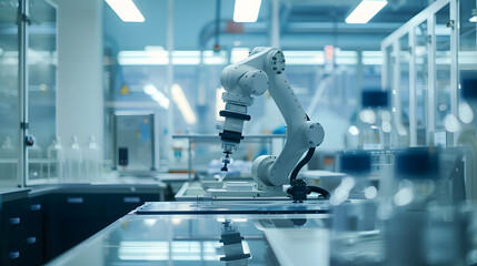 A minimalist image of a robot arm assembling a product, with details of the arm's precision, the product's complexity, and the clean room environment.