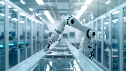 A minimalist image of a robot arm assembling a product, with details of the arm's precision, the product's complexity, and the clean room environment.