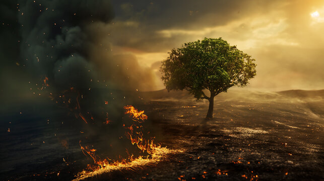 A solitary tree stands resilient amidst a burning landscape under a stormy sky, evoking hope and desolation.