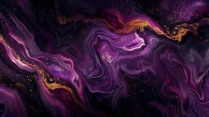 Luxury abstract fluid art painting in alcohol ink technique. Glowing golden veins. Beautiful purple swirl pattern. Background for banner, postcard, design