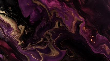 Fototapeten Luxury abstract fluid art painting in alcohol ink technique. Glowing golden veins. Beautiful purple swirl pattern. Background for banner, postcard, design © Viktoria Tom