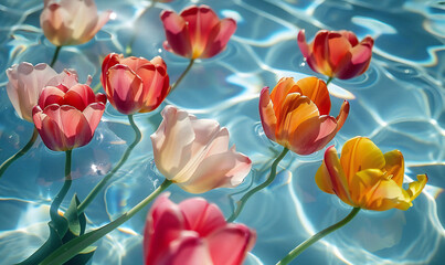 Beautiful colorful spring tulips floating on the surface of clear transparent water. Spring card concept banner with copy space.
