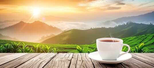 Aromatic coffee cup on green plantation mountain with space for text, picturesque background scene