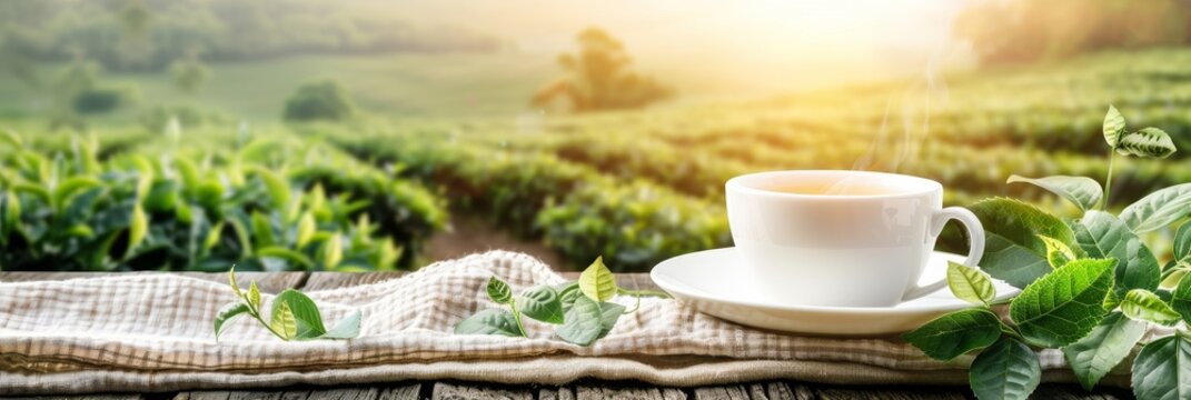 Green tea cup with mountain plantation background and ample space for text placement