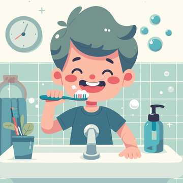 A child is brushing their teeth, flat colors. The image can be used for a visual schedule.