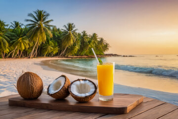 coconut and juice on the beach