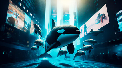 orcas swimming underwater, fantastic city under sea, tiger whales and dolphins swim in ocean, Wall Art Design for Home Decor, wallpaper for cellphone, mobile smart cell phone background - obrazy, fototapety, plakaty