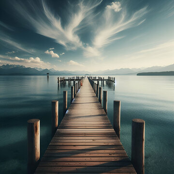 Long Wooden Planks Lake Dock Pier Extending into Tranquil Calm Scandinavian Water Leading into Misty Mountains Horizon at Dawn / Evening Sunset. Serenity & Nature Beautiful Landscape Summer Background