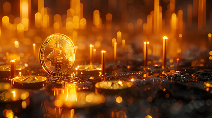 Golden coin with icon letter B. Mining or block chain, Bitcoin with glowing lights. Gold bitcoin symbol. Coins on black background. Generative Ai