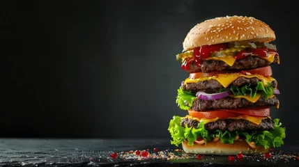 Foto op Plexiglas A very tall hamburger, over a black background, copy space - generative ai © Nia™