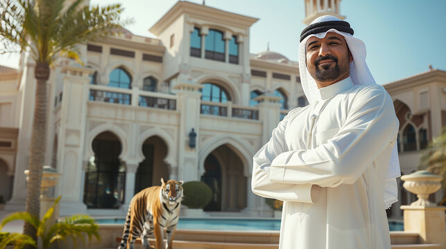 Milionário xeque árabe criado pela IA, mansão ao fundo com tigre doméstico