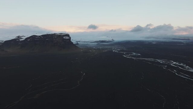 Aerial video of kirkjubaejarklaustur iceland. in winter