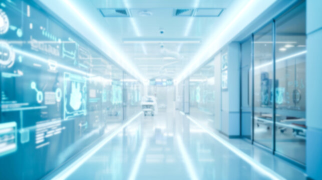 A blurry image of a futuristic hospital corridor with high-tech digital interfaces and a sterile environment.