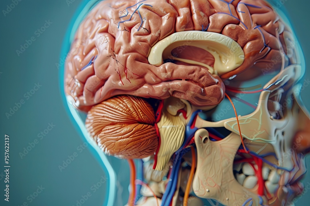 Poster detailed model of a human head showing a highlighted section of the brain, illustrating internal str
