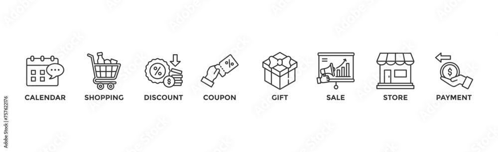 Poster Black friday banner web icon vector illustration concept with icon of calendar, shopping, discount, coupon, gift, sale, store, payment