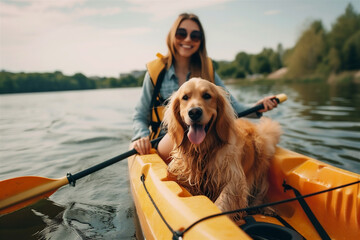 Young woman paddles a kayak with her pet dog on the lake. Summer activities and water sports. Selective focus.