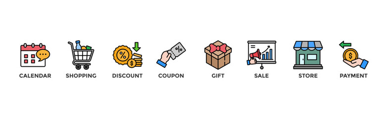 Black friday banner web icon vector illustration concept with icon of calendar, shopping, discount, coupon, gift, sale, store, payment