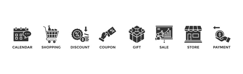 Black friday banner web icon vector illustration concept with icon of calendar, shopping, discount, coupon, gift, sale, store, payment
