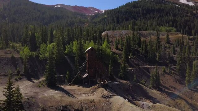 old mining tower out in a mining claim drone shot