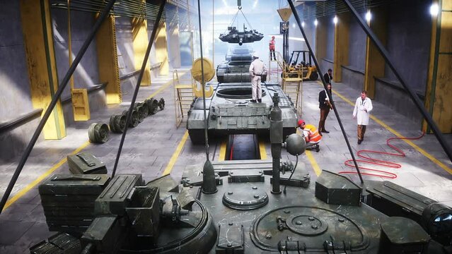 Production of military russian battle tank T 90 at the factory. Military factory weapon. Realistic 4k animation.