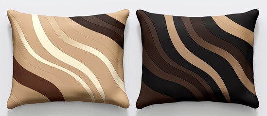 Fototapeta premium A pair of brown and tan pillows with a zebra print pattern, adding a touch of fashion accessory to your linens. The electric blue font on the rectangleshaped pillows provides comfort and style
