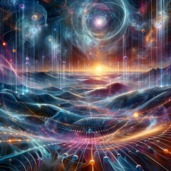 A fantastical quantum landscape, inspired by the concepts of quantum physics and cosmic phenomena.