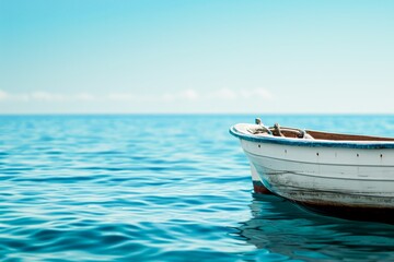 Fototapeta premium A single white boat floats on the calm blue sea under a clear sky, conveying peaceful solitude.copy space