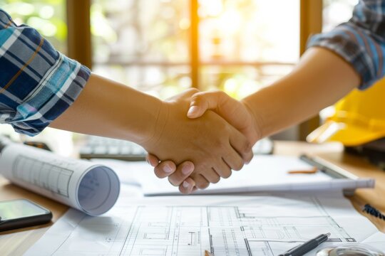 Office handshake symbolizing construction deal completion