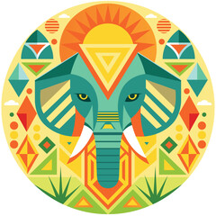 Front view of African mask shaped like an elephant head in geometric style with warm colors