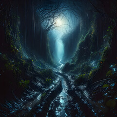 A haunting and atmospheric forest in the rain.