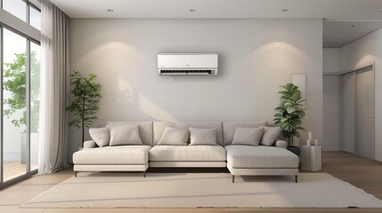 Modern living room with sofa and air condition ac splitter on the wall