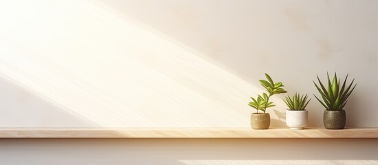 Three houseplants in flowerpots are arranged on a hardwood shelf in front of a white wall. The green plants sit by a window, adding a natural touch to the room